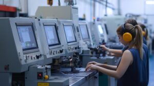 Workers operating machinery at a manufacturing facility