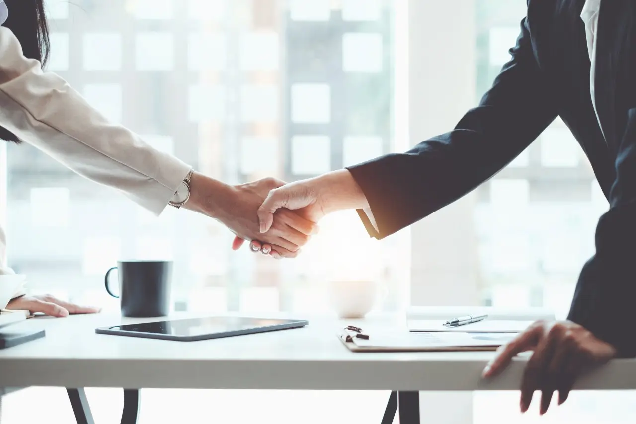 Two business professionals shaking hands in agreement